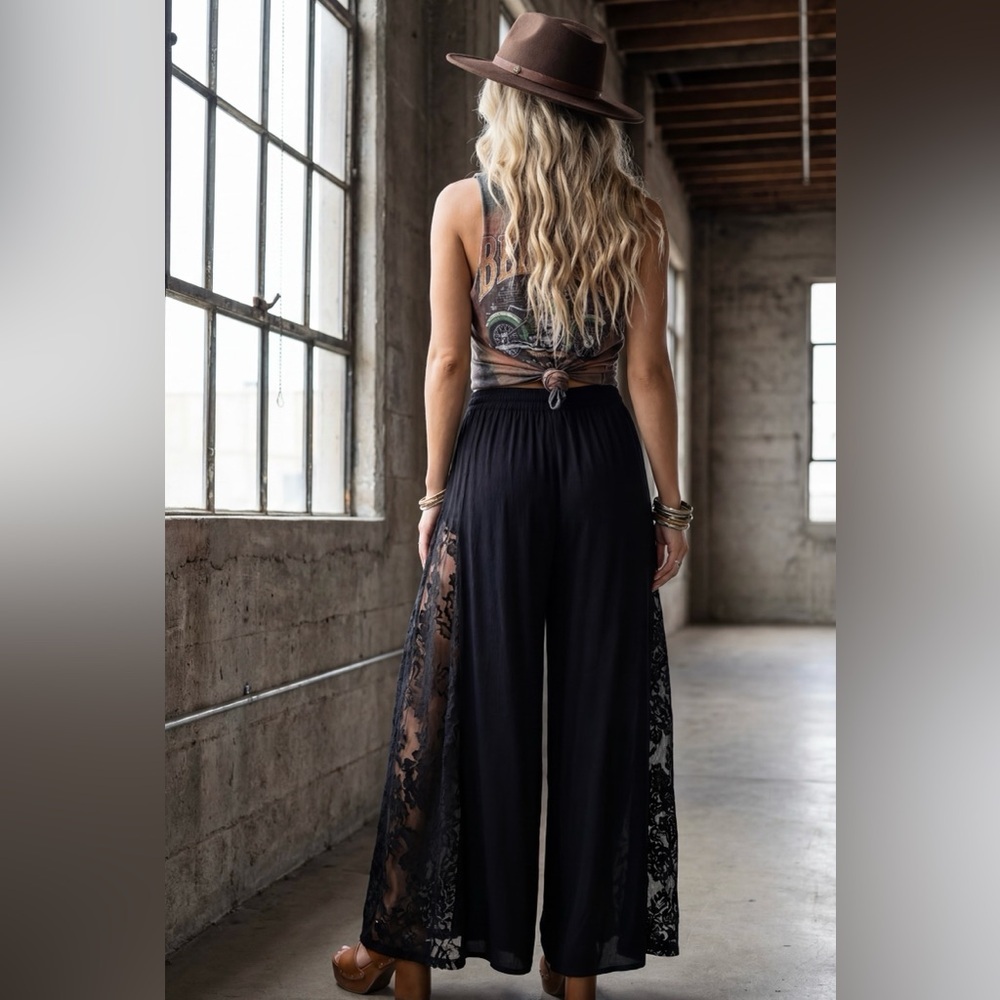NWT Angie Boho Gypsy Soul Wide Leg Lace Panel Flare Festival Casual Pants Black - Picture 6 of 6